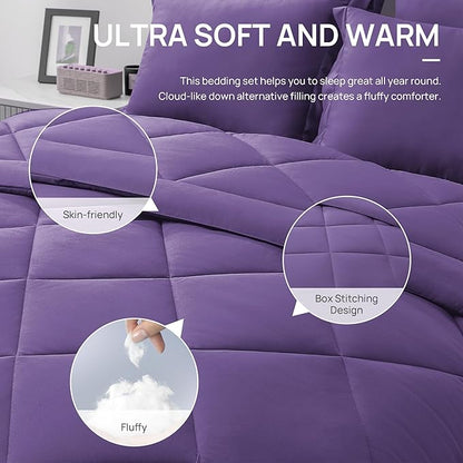 Love's cabin King Size Comforter Set Purple, 7 Pieces King Bed in a Bag, All Season Bedding Sets with 1 Comforter, 1 Flat Sheet, 1 Fitted Sheet, 2 Pillowcase and 2 Pillow Sham