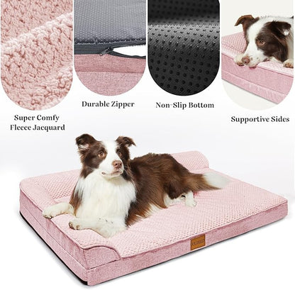 Orthopedic XL Dog Bed Large Sized Dog 42''X28'', Waterproof L Bolster Egg Crate Foam Big Pet Crate Beds with Washable Removable Cover, Non-Slip Soft Pet Couch Sleep Mat, Pink