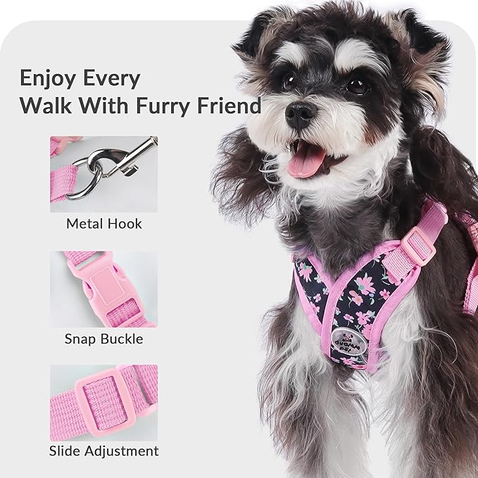 Patas Lague Dog Harness with Leash Set Adjustable Soft Padded Step-in Dog Vest No Choke No Pull Reflective for Small Pets with Poop Bags and Dispenser, Solid and No-chew, Floral Pink XS