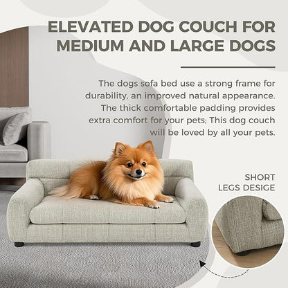 Dog Couch Bed with Backrest and Armrest, Durable Pet Sofa with Upholstered Foam Cushion, Elevated Dog Couch Bed with Legs for Medium Dogs, Dark Beige