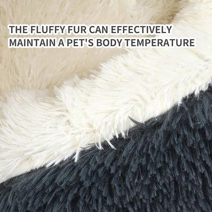 Dog Bed Round Hooded Plush Cat Cave Self Warming Pet Bed Donut Anti Anxiety Fluffy Pet Bed for Puppy and Kitty