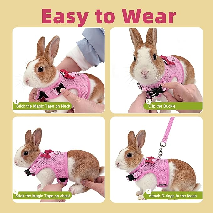AIITLE Bunny Harness and Leash Set with Cute Bow, Soft Breathable Mesh Vest Harness for Rabbits Kitten Ferret Small Pig Puppy Walking Supplies Pink M