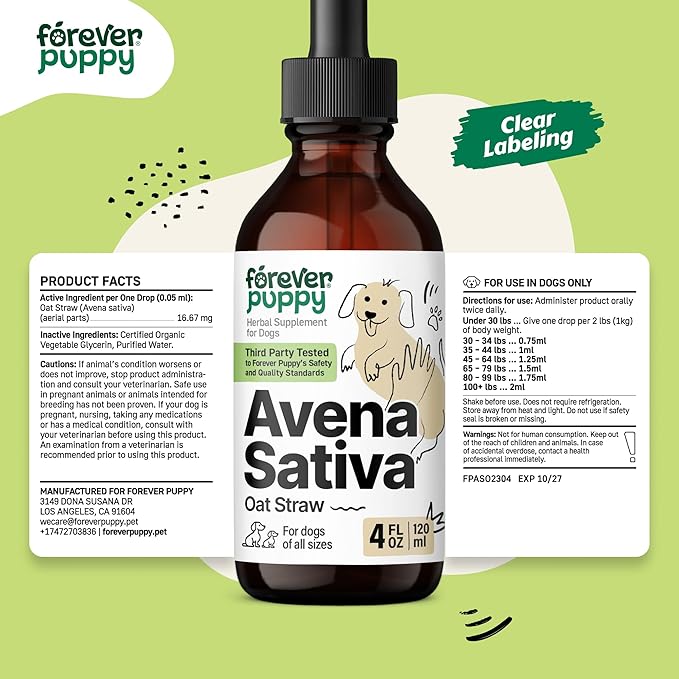Forever Puppy Avena Sativa Extract for Dogs - Oat Straw Herbal Drops for Calm & Relaxation Support - Pet Composure & Calming Care for Dogs w/Liquid Mood Support Supplement - 4 oz