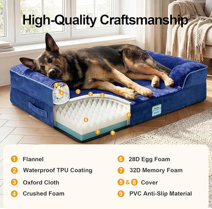 OhGeni Orthopedic Dog Bed Couch Big Cat Sofa for Extra Large Sized Pets with Memory Foam, Machine-Washable Waterproof Removable Cover, Soft Comfortable Fabric, 44-inch (Blue)
