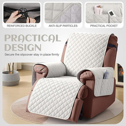 KinCam 100% Waterproof Recliner Chair Cover, Reclining Couch Covers for Pets, Dogs, Recliner Couch Slipcover Furniture Protector with Elastic Straps for Kids(30", Beige White)