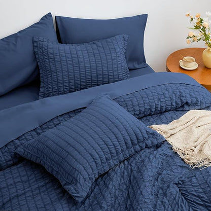 Love's cabin Seersucker Dark Blue Twin Comforter Set, 5-Piece All Season Lightweight Bed in a Bag Bedding Set with Comforter, Flat Sheet, Fitted Sheet, Pillowcase and Sham | Soft, Breathable, Lightweight