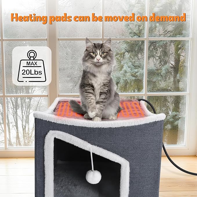 Tovve Heated Cat House for Indoor, Large Cat Bed with Heating Pad, Adjustable Temperature & Timing, with Fluffy Ball Hanging and Scratch Pad, Foldable Pet Hideaway for Small Medium and Large Cats（XL）