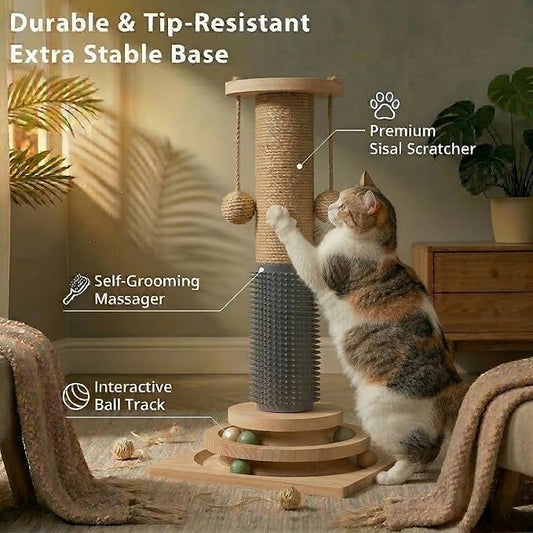 4-in-1 Solid Wood Cat Scratching Post with Self-Groomer, Natural Sisal Scratching Post with 2-Level Track Ball Toy, Interactive Cat Tree & Furniture Protector for Indoor Cats Large Size
