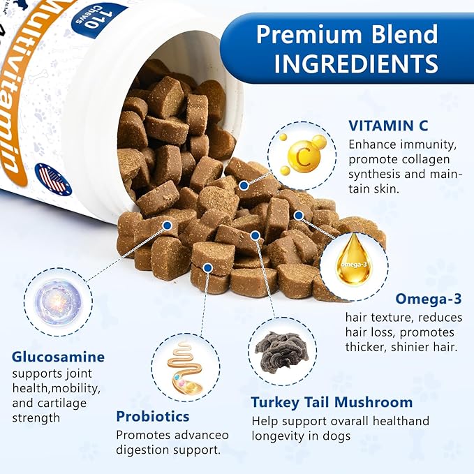 Dog Multivitamin, 40-in-1 Dog Vitamins and Supplements Chewable Contain Probiotics Omega-3 Glucosamine, Multivitamin for Dogs Skin Coat Heart Joint Liver Brain Eyes Immune Support (110ct)