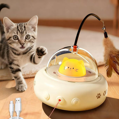 2 in 1 Rechargeable Interactive Cat Toys for Indoor Cats Self Play, Automatic Kitten Toys with Feather Wand and Laser Pointer for Cat Gifts (Cream White)
