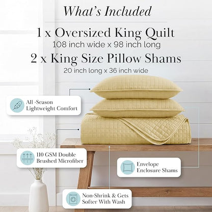 Southshore Fine Living, Inc. King Quilt Bedding Set, Soft, Lightweight Quilt, King Size Coverlet Sets with Shams, Pet Hair Resistant Bedding, Quilted Comforter with 2 Pillow Shams, Gold Quilts