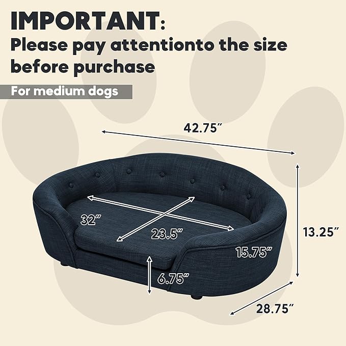 Dog Couch Bed with Oval Semi-Enclosed, Durable Linen Material Pet Sofa with Soft Foam Cushion, Dog Sofa Bed with Legs for Medium Dogs, Dark Blue
