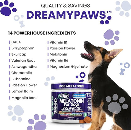 Dreamy Paws Melatonin for Dogs Dog Calming Sleep Supplement - Melatonin GABA Tryptophan Valerian Magnolia Bark Passion Flower Magnesium Ashwagandha Restful Sleep 90 Chews Beef Flavor by Clean Pets