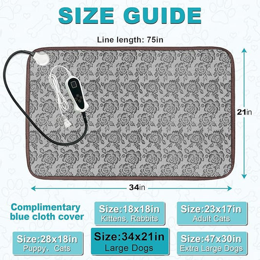 Large Dog Heating Pad for Dogs, Pet Heating Pad Electric, Waterproof, Heated Dog Bed with Timer, with Smart Thermostat Switch, Add Wire Rope with Blue Fabric Cover (Rose, 34x21 in)