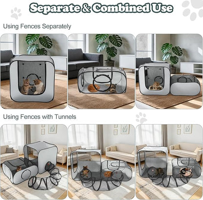 Cat Playpen, 3-in-1 Pop-up Outdoor Cat Enclosure with 2 Rooms 1 Tunnel, Breathable Pet Playpen for Indoor Outdoor Use, Portable Catio Tent with Carry Bag for Kitten Rabbit Small Animals, Gray