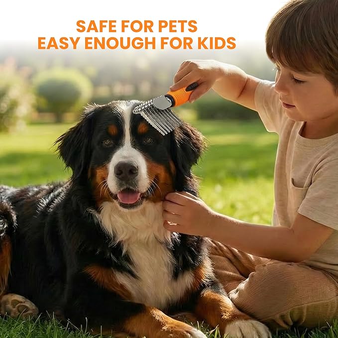 Poodle Dematting Fur Rake Comb Brush for Dogs and Cats - Long 2.5" Steel Safety Blades Metal Comb for Detangling Matted or Knotted Undercoat Hair (Orange)