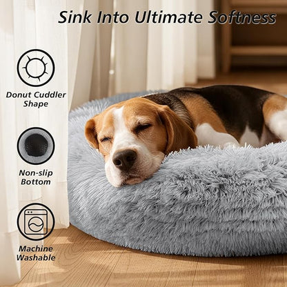 JOLLYVOGUE Calming Dog Bed for Small Dogs - 23 inches Donut Washable Small Dog Bed for Kittens & Puppies, Anti-Slip Round Fluffy Plush Faux Fur Cat Beds (Fits up to 25 lbs Pets, Grey)