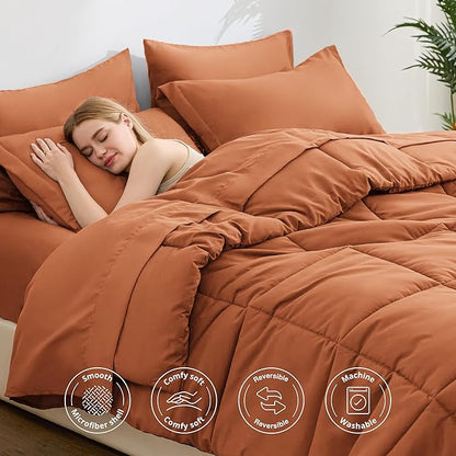 Love's cabin California King Comforter Set Burnt Orange, 7 Pieces California King Bed in a Bag, All Season Bedding Sets with 1 Comforter, 1 Flat Sheet, 1 Fitted Sheet, 2 Pillowcase and 2 Pillow Sham