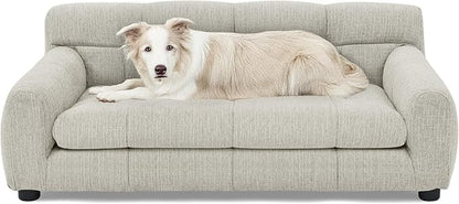Dog Couch Bed with Backrest and Armrest, Durable Pet Sofa with Upholstered Foam Cushion, Elevated Dog Couch Bed with Legs for Medium Dogs, Dark Beige