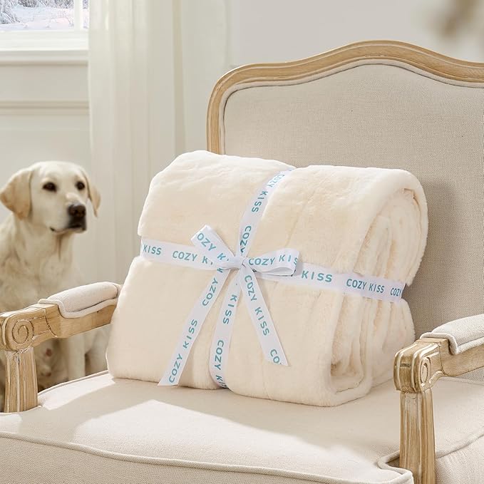 COZY KISS Luxury Faux Fur Throw Blanket for Couch, Ultra Soft Waterproof Pet Blanket, Cozy Warm Plush Blanket for Sofa Bedroom Living Room, Liquid Pee Proof for Large Dog or Cat, 50x60 inch, Cream