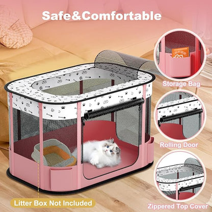 Portable Cat Playpen, 8-Rod Reinforced Kitten Dog Playpens, Foldable Play Pen for Indoor Cats Enclosed Pet Puppy Doggy Outdoor, Collapsible Tent Kennel Cage, Pink