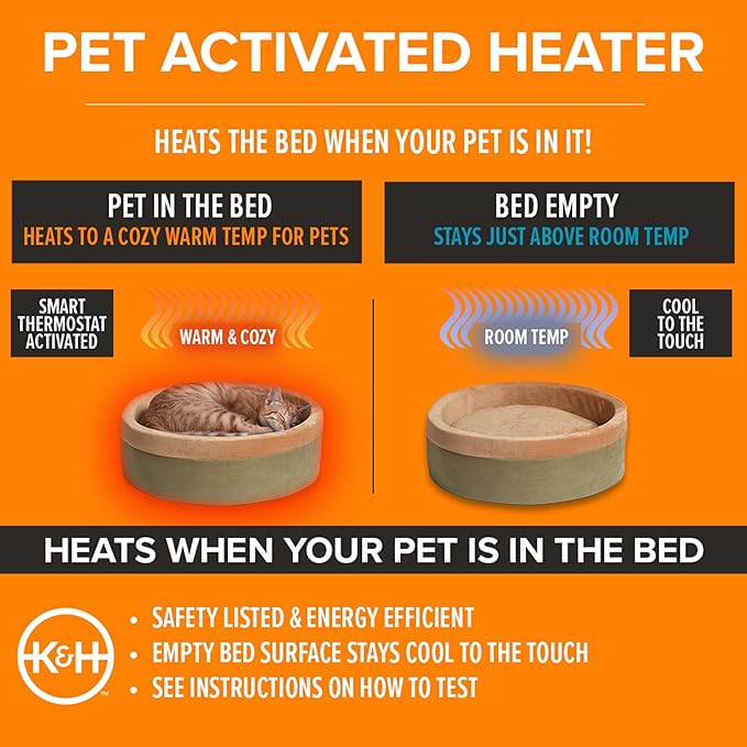 K&H Pet Products Thermo-Kitty Bed Heated Cat Beds for Indoor Cats & Dogs, Calming Warming Pillow Pet Bed, Machine Washable, Removable Heater, Safety Listed - Small 16" Round Mocha/Tan