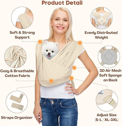 AnccoPlus Dog Carriers for Small Dogs, Front Facing Dog Sling Carrier, Hands Free Cat Carrier, Size Adjustable, Reducing Back Pain, Premium Cotton, Safe and Soft Dog Carrier (Regular, Beige)