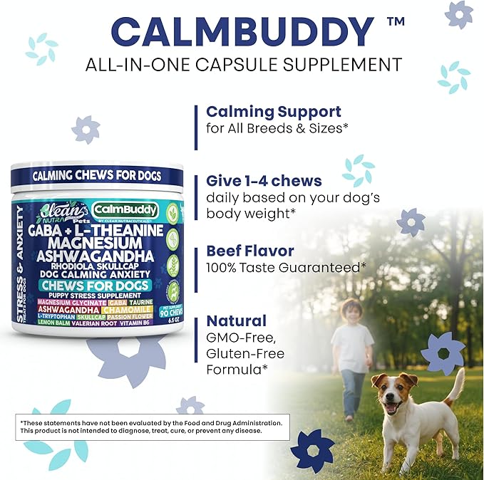 CalmBuddy Anxiety and Stress Relief Supplements GABA L-Theanine Magnesium Ashwagandha Rhodiola Rosea Chamomile L-Tryptophan Skullcap Taurine Valerian Root 60 Beef Flavor Chew by Clean Nutra Pets