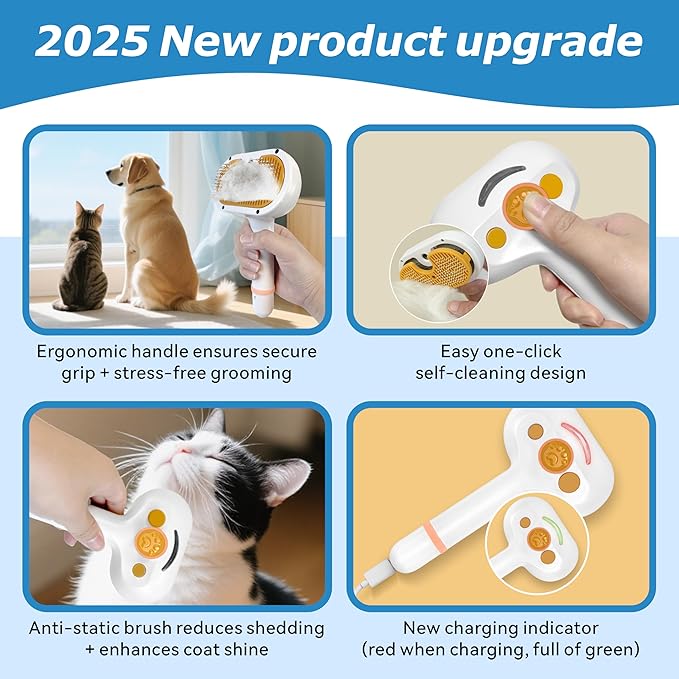 4-in-1 Pet Steam Brush for Dog & cat brush for shedding，Spray Hair Removal Comb with Waterless Shampoo–Self-Cleaning Pet Grooming Tool for Shedding, Anti-Static & Skin-Friendly Design