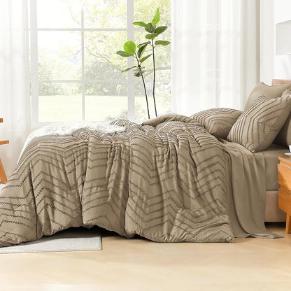 Litanika Taupe Queen Size Comforter Set with Sheets - 7 Pieces Bed in a Bag Queen Boho Tufted Complete Bedding Sets with Comforter, Sheets, Pillowcases & Shams