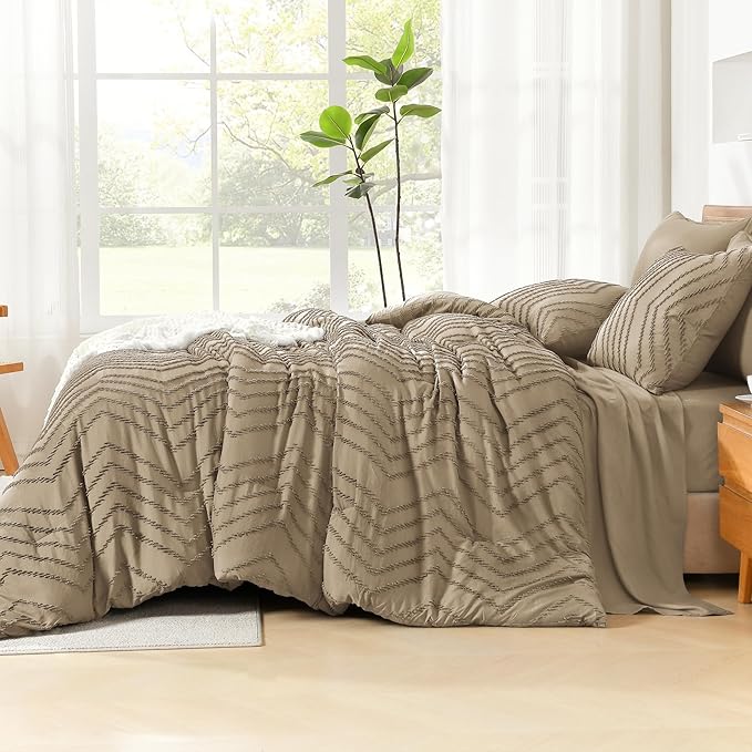 Litanika Oversized King Size Comforter Set with Sheets Taupe - 7 Pieces Bed in a Bag Oversized King Boho Tufted Complete Bedding Sets with Comforter, Sheets, Pillowcases & Shams