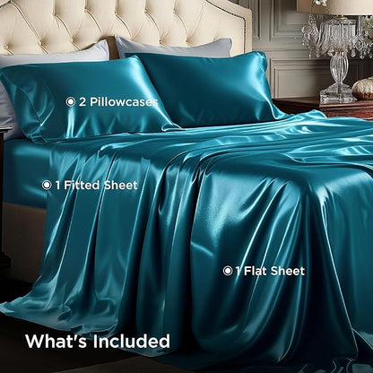 Bedsure Satin Sheets Queen Size - 4 Piece Silky Bedsheets with 15 Inches Deep Pocket Fitted Bedsheet,1 Flat Sheet, 2 Satin Pillowcases, Good for Hair & Skin (Queen, Teal)