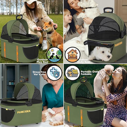 PAWZIDEA Pet Stroller 4 in 1, Foldable Cat Stroller with Detachable Carrier for Small Medium Dogs & Cats, Escape-Proof No-Zip Canopy, Lightweight Portable Travel Crate & Car Seat Combo, Storage Basket