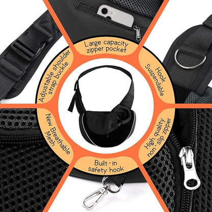 YUDODO Pet Sling Carrier for 2-5 lbs Small Dogs & Cats – Hands-Free Puppy Carrier with Safety Hook, Large Zipper Pocket, Soft Breathable Mesh, Adjustable Strap & Reflective Strip (Black 2.0 S)