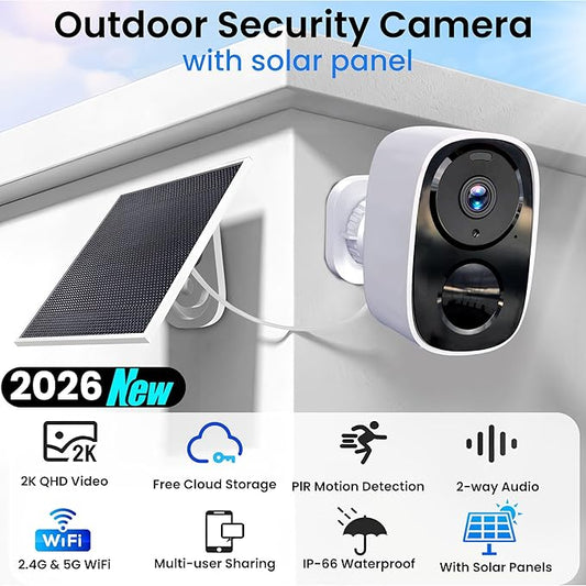 HITELLARCAM 2026 Upgraded 2K Security Cameras Wireless Outdoor with Solar Panels, Free Cloud Storage, AI Motion Detection Spotlight Siren Alarm Outdoor Camera Wireless, 2-Way Talk, IP66 Waterproof