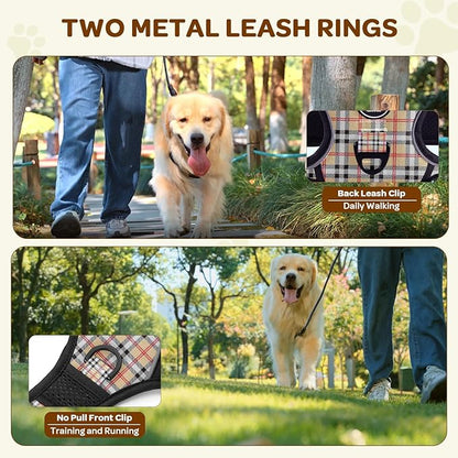 FURRYFECTION Plaid Dog Harness for Large Dogs, Reflective No Pull Adjustable Pet Vest with Front Clip, Leash, Easy Control Handle and Seat Belt, Beige&White, L