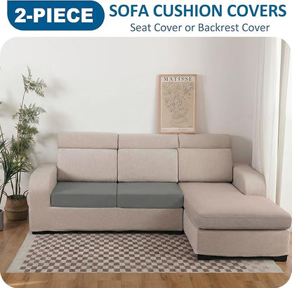 Waterproof Couch Cushion Covers, Replacement Sofa Cushion Covers, Stretch Individual Sofa Seat Cushion Slipcovers Furniture Protector for Kids Pets (2-Piece Loveseat Cushion Cover, Light Grey)