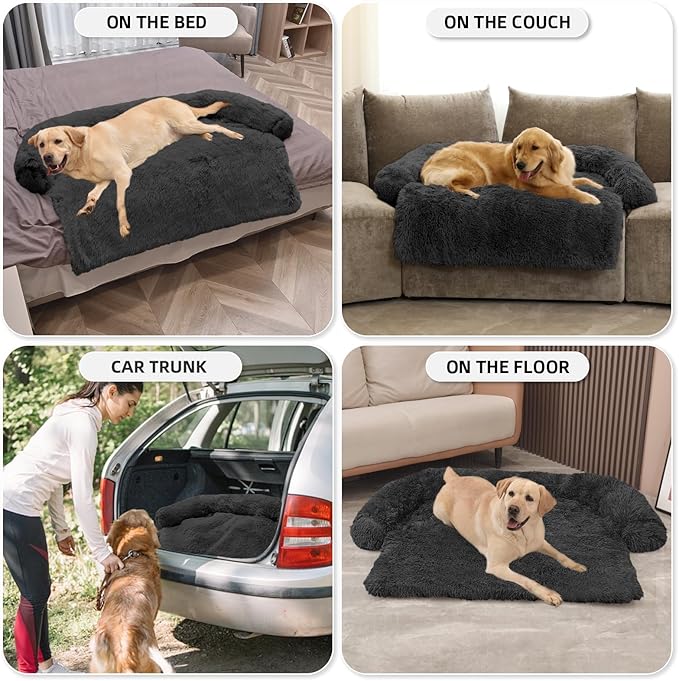 Calming Dog Bed Fluffy Plush Dog Mat for Furniture Protector with Removable Washable Cover for Large Medium Small Dogs and Cats (Extra Large(53x39.3x6), Dark Grey)