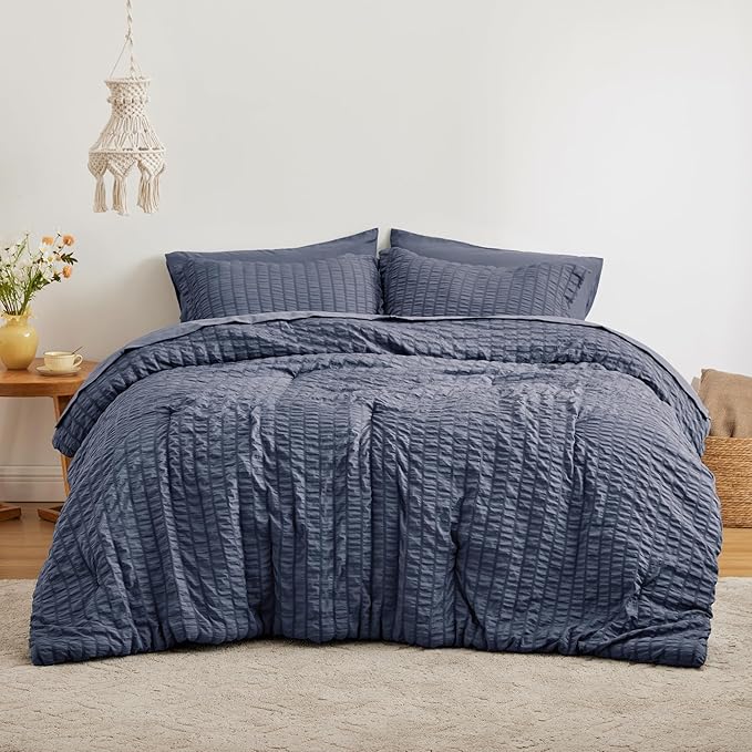 Love's cabin Seersucker Navy Blue Twin XL Comforter Set, 5-Piece All Season Lightweight Bed in a Bag Bedding Set with Comforter, Flat Sheet, Fitted Sheet, Pillowcase and Sham | Soft, Breathable, Lightweight