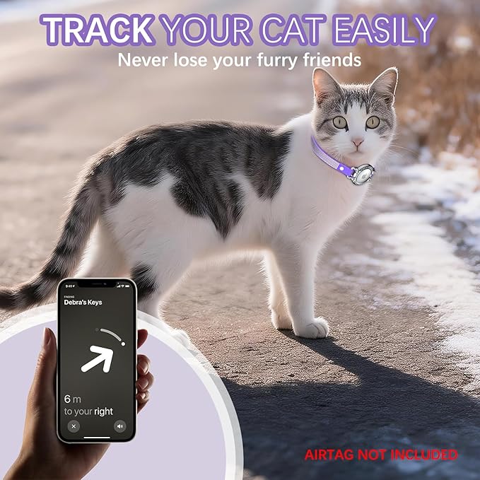 AirTag Cat Collar Breakaway, Diamond Microfiber Cat Collars with Apple Air Tag Holder and Bell, Adjustable Comfortable GPS Tracker Cat Collar for Girl Boy, Kittens, Puppies (Purple)