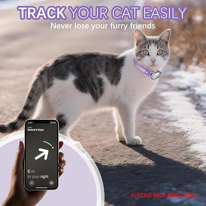 AirTag Cat Collar Breakaway, Diamond Microfiber Cat Collars with Apple Air Tag Holder and Bell, Adjustable Comfortable GPS Tracker Cat Collar for Girl Boy, Kittens, Puppies (Purple)