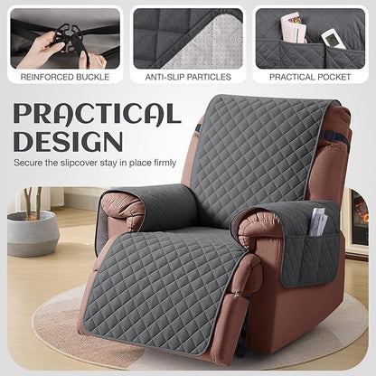 KinCam 100% Waterproof Recliner Chair Cover, Reclining Couch Covers for Pets, Dogs, Recliner Couch Slipcover Furniture Protector with Elastic Straps for Kids(28", Charcoal Gray)