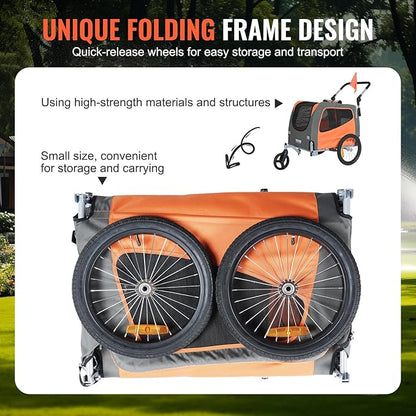 VEVOR Dog Bike Trailer, Supports up to 66/88/100 lbs, 2-in-1 Pet Stroller Cart Bicycle Carrier, Easy Folding Cart Frame with Quick Release Wheels, Universal Bicycle Coupler, Reflectors, Flag