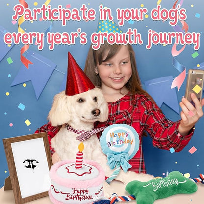 LECHONG 7Pcs Dog Birthday Toys Gifts, No-Mess Paw Print Keepsake Kit with Squeaky Dog Cake Toy, Plush Crinkle Toy, Pet-Safe Ink Pad & Photo Frame for Small Medium Dogs