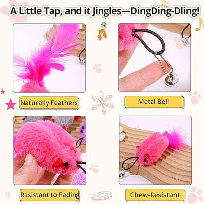 Cat Toy Refill, 2 Pack Mouse Toy with Feather Tail and Bell for Cat Wand Toy Accessories Cat Toy Attachments Replacements, 4.72” Realistic Size Mice Toy for Bored Indoor Adult Cat Self Play