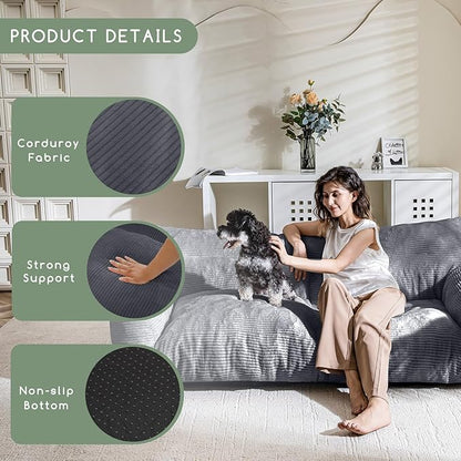 HIGOGOGO Large Human Dog Bed, Giant Human Dog Sofa, Big Comfy Floor Sofa Couch for Pet Families with Foam Chunk Supportive Mat, XXXXL Size Corduroy Orthopedic Bed, Grey
