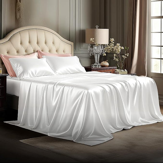 Bedsure White Satin Sheets King Size - 4 Piece Silky Bedsheets with 15 Inches Deep Pocket Fitted Bedsheet,1 Flat Sheet, 2 Satin Pillowcases, Good for Hair & Skin (King, White)