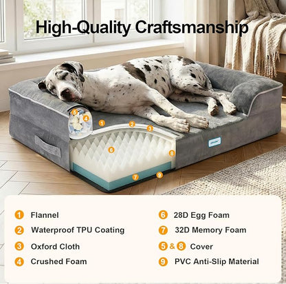 OhGeni Orthopedic Dog Bed Couch Big Cat Sofa for Jumbo Sized Pets with Memory Foam, Machine-Washable Waterproof Removable Cover, Soft Comfortable Fabric, 52-inch (Gray)