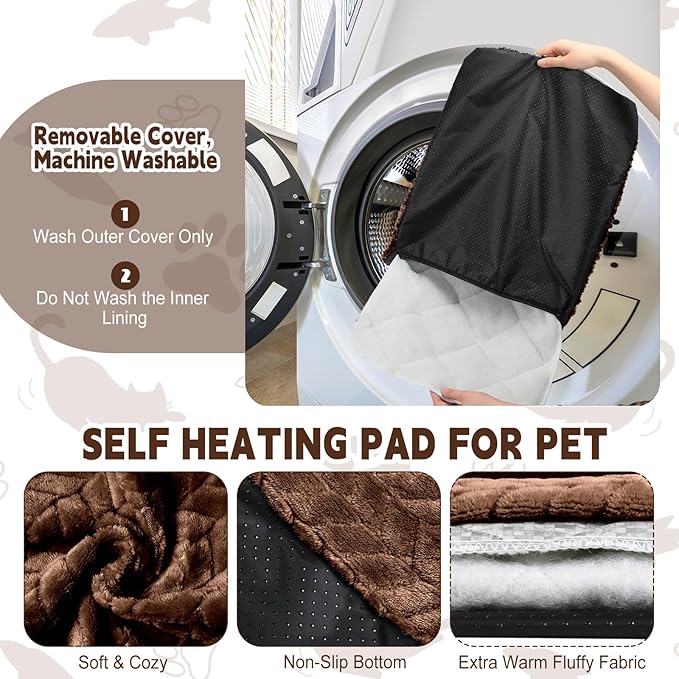 Drydiet 4 Pack Self Warming Cat Bed Mat Self Heating Pad for Dog Extra Warm Winter Pet Pad Washable Thermal Pads Mats for Pets Indoor Outdoor(Dark Coffee,16 x 20 Inch)