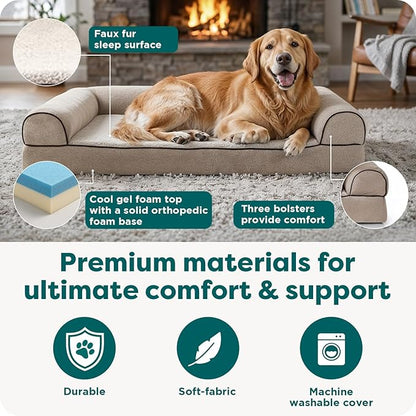 Furhaven Cooling Gel Dog Bed for Large Dogs w/ Removable Bolsters & Washable Cover, For Dogs Up to 95 lbs - Sherpa & Chenille Sofa - Cream, Jumbo/XL